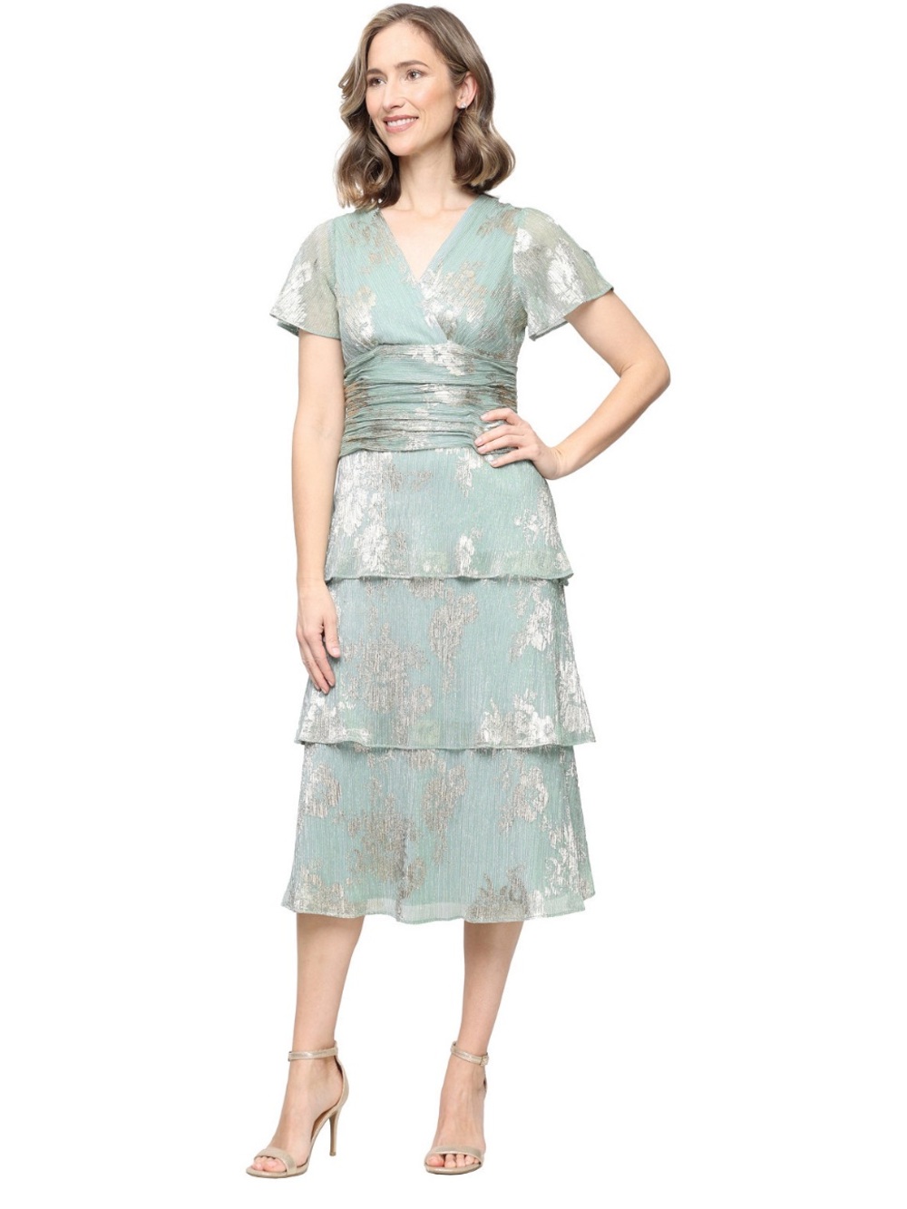 SLNY SL Fashions Women's Floral Surplice-Neck Tiered Dress Sage Green Gold Sz 16